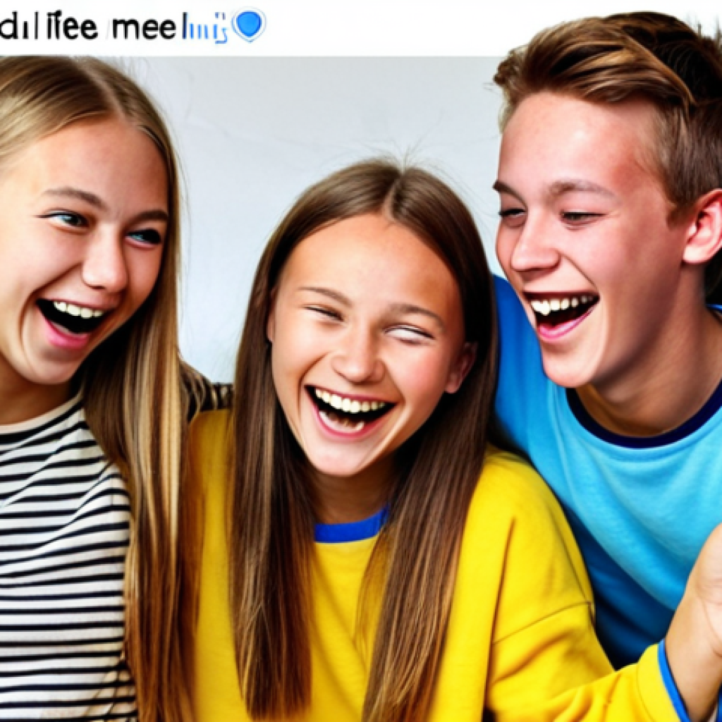 **Humorous Social Media Post:** "A group of teenagers laughing at a relatable meme about Swedish student life. Bright, colorful, modern social media interface. #ungdom #humor #sverige"