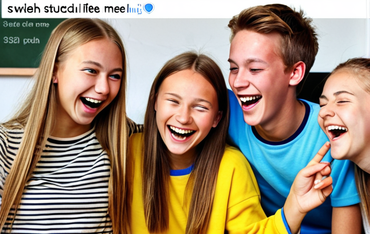 **Humorous Social Media Post:** "A group of teenagers laughing at a relatable meme about Swedish student life. Bright, colorful, modern social media interface. #ungdom #humor #sverige"